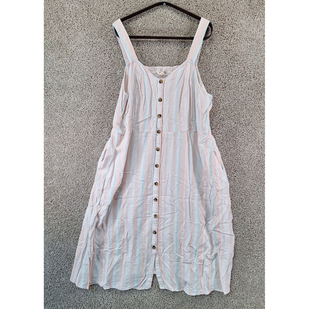 Terra & Sky Dress Womens 2X Pink Striped Button Front Linen Blend Midi Boho